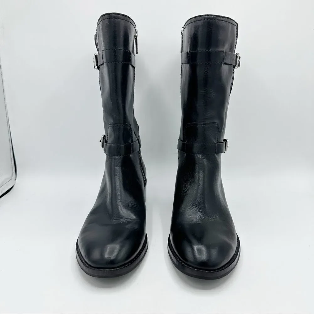 Michael Kors Chunky Heel Moto Boot Black Silver Buckles Lug Sole Sz‎ 7.5 - Picture 3 of 14